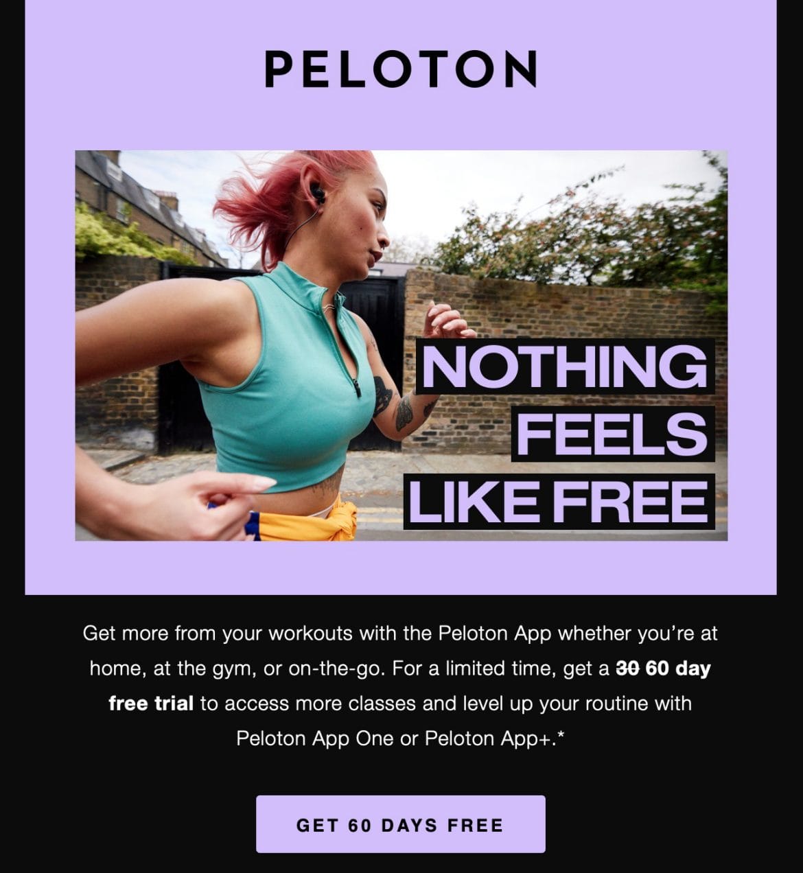 Peloton email advertising 60 day free app offer through October 31, 2023.