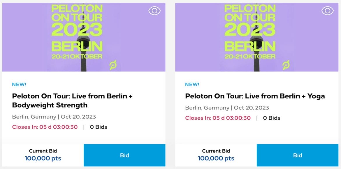Peloton on Tour events listed on the Hilton experiences page.