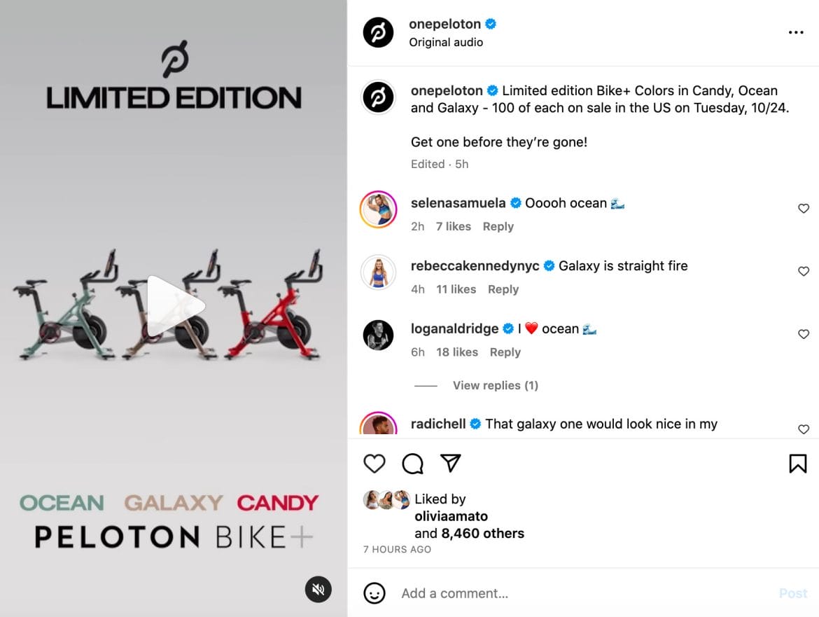 Peloton Instagram post announcing limited edition Bike+ colors.