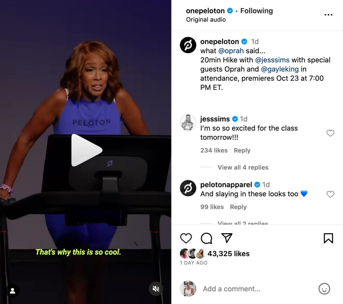 Peloton Instagram post teasing class with Oprah Winfrey & Gayle King.