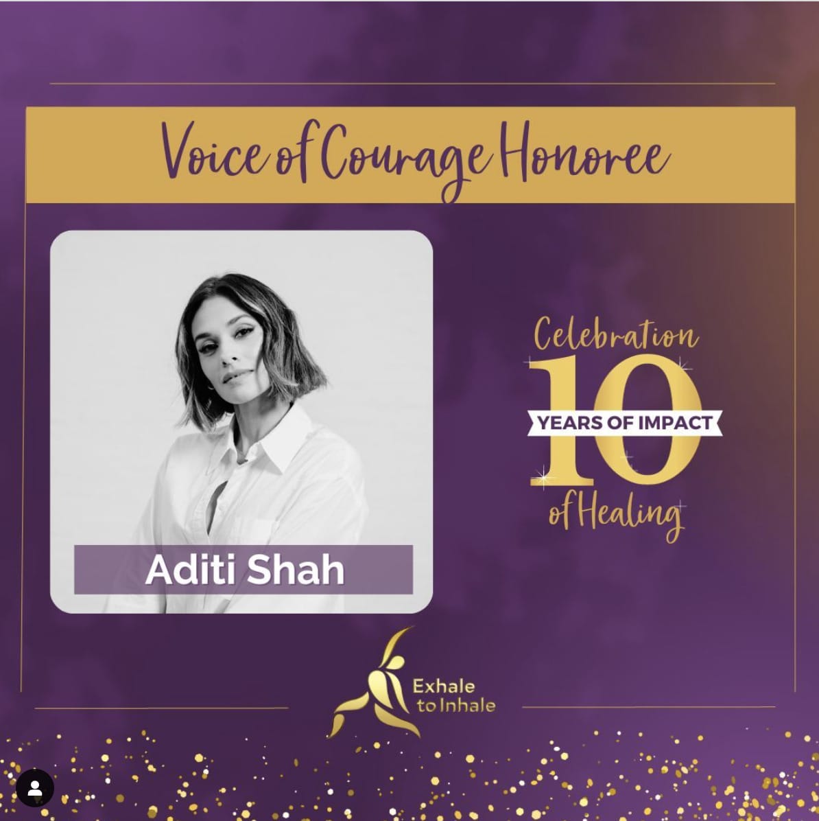 Aditi Shah as Voice of Courage Honoree. Image credit Exhale to Inhale.
