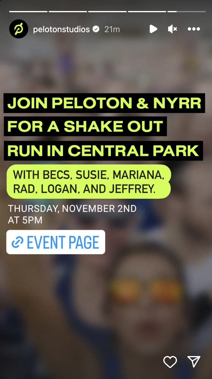 @PelotonStudios Instagram Story announcing pre-marathon shakeout run.