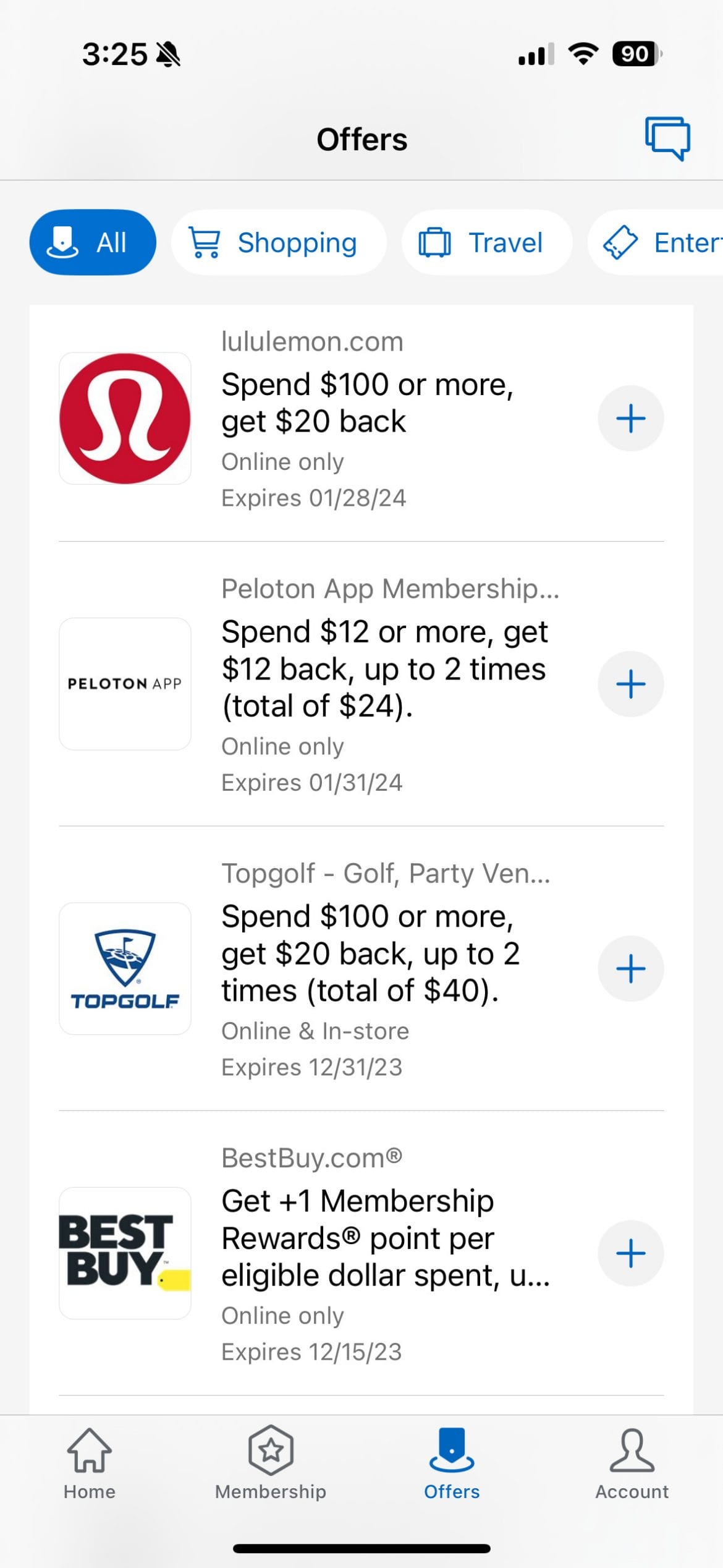 Peloton offer in American Express portal.