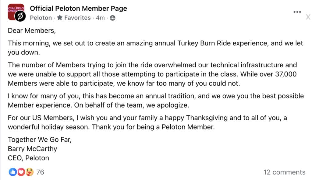 Statement & apology from Peloton CEO Barry McCarthy about the Peloton Thanksgiving Turkey Burn ride server issues.