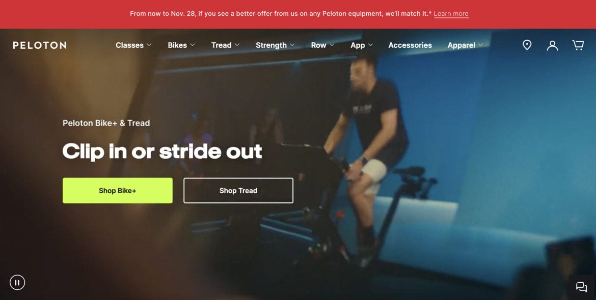 Peloton homepage updated with price match banner.
