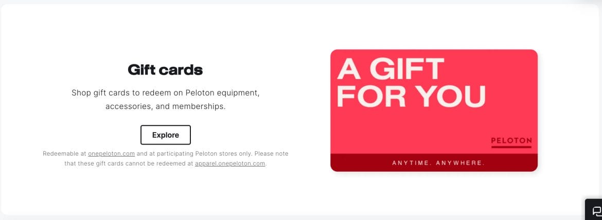 Peloton gift card widget on homepage.