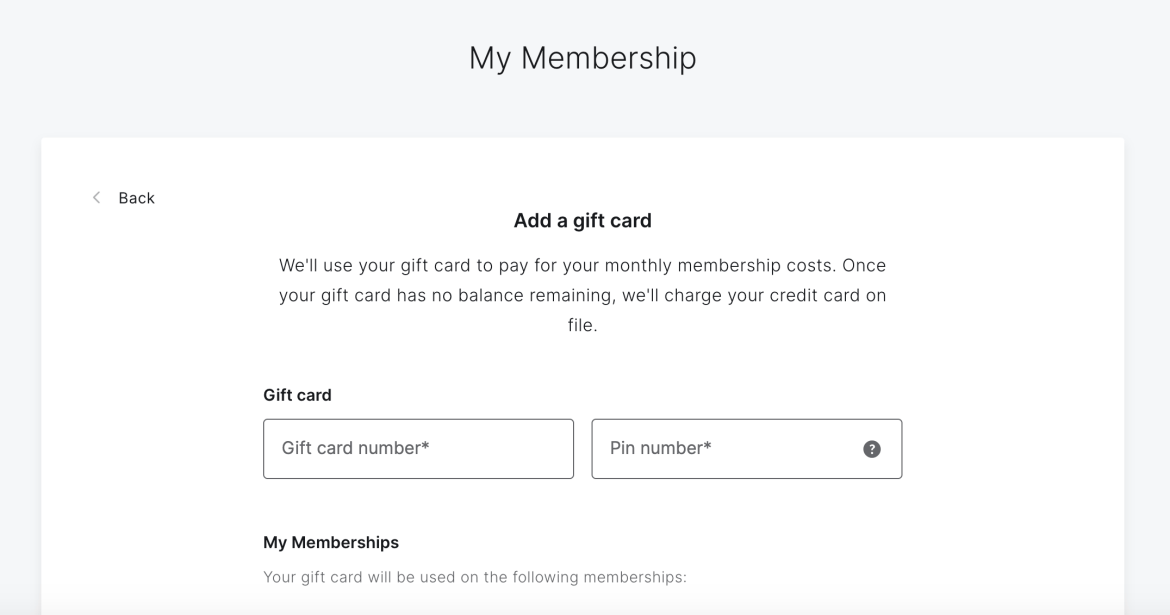 Membership page showing option to add gift card.