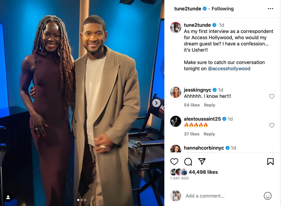 Tunde's Instagram post announcing her interview with Usher.