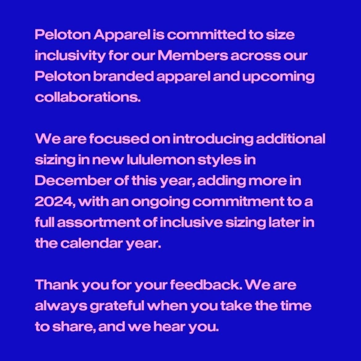 Peloton Apparel message about size inclusivity. Image credit @PelotonApparel Instagram.