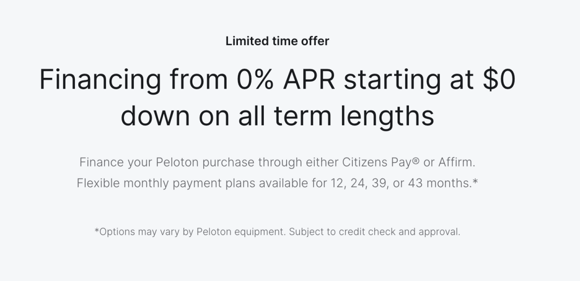 Peloton financing page promoting limited time 0% financing offer.