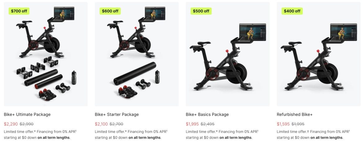 Peloton deals page with financing offer listed under each device.