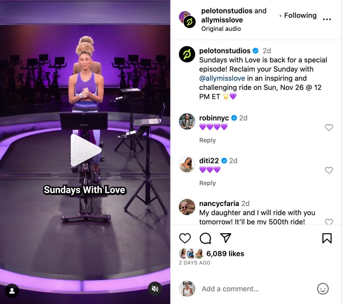 Peloton Instagram post about the return of Sundays with Love.