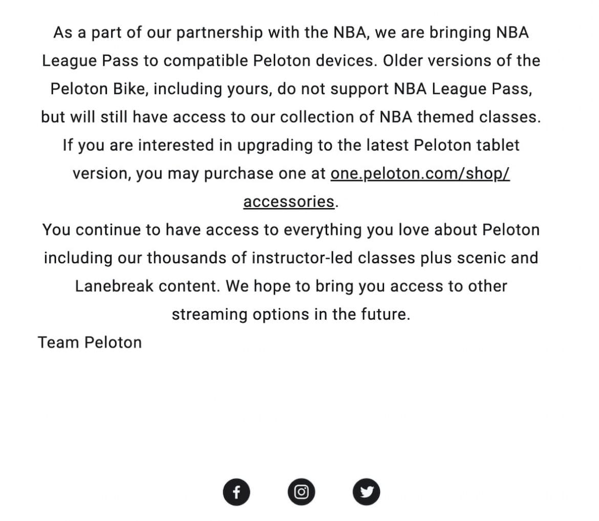 Peloton email to members regarding NBA League Pass on their device.