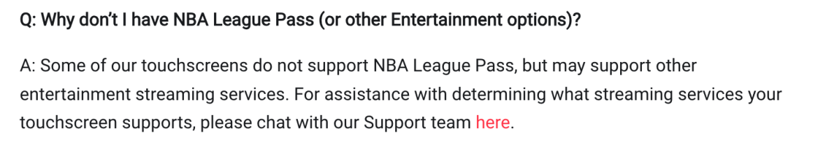 Peloton Support Page regarding Peloton Entertainment and NBA League Pass.