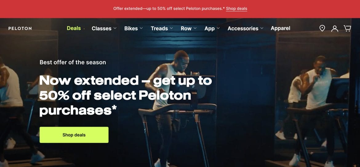 Peloton website homepage updated with Black Friday offer extension.