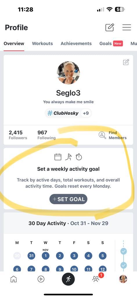 Main profile tab of Peloton iOS app with new Weekly Activity Goal feature.