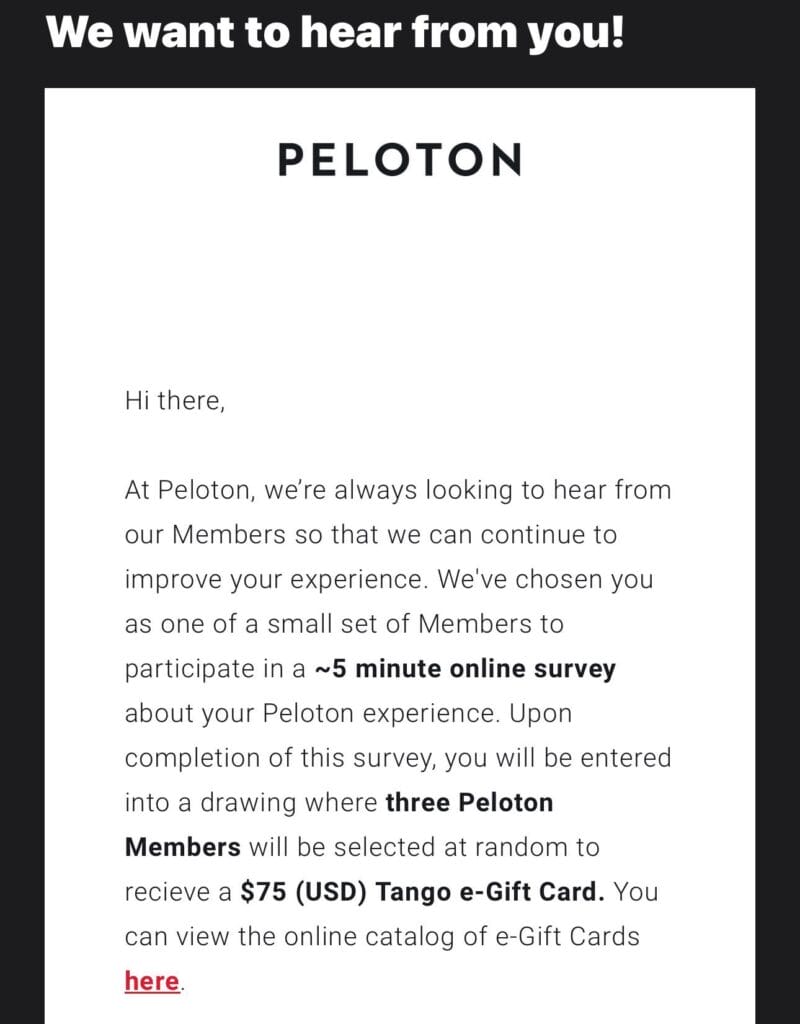 Peloton email to members with VR/gaming survey.