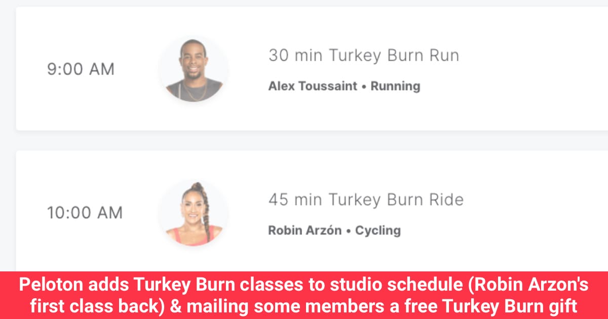 Peloton, stüdyo programına Turkey Burn derslerini ekledi (Robin Arzon’un en iyi sınıfının dönüşü) ve bazı üyelere ücretsiz Turkey Burn hediyesi gönderdi