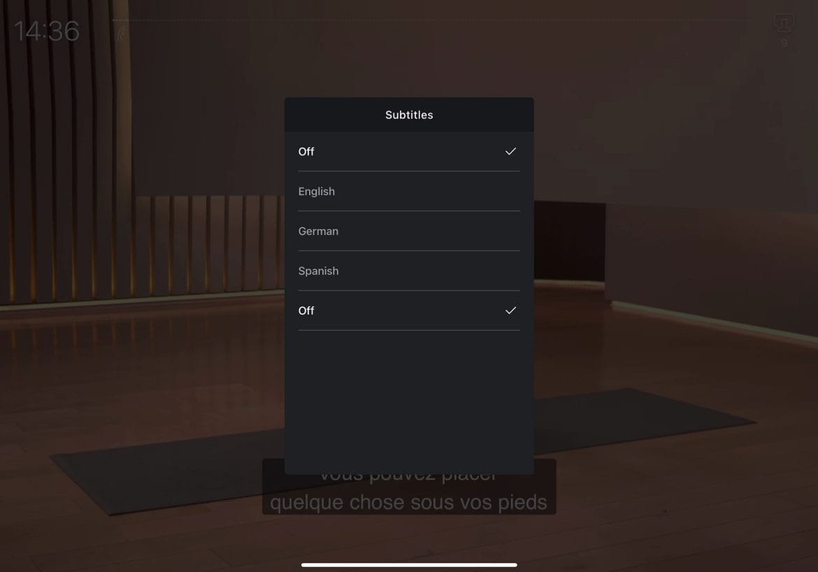 Peloton subtitle settings menu displaying additional "off" option.