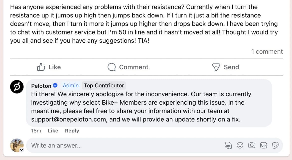 Post in Official Peloton Member Page about Bike resistance issue.