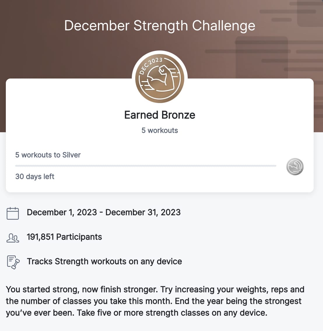 December 2023 Strength Challenge showing bronze level earned, even though only 1 strength class has been completed for this member.