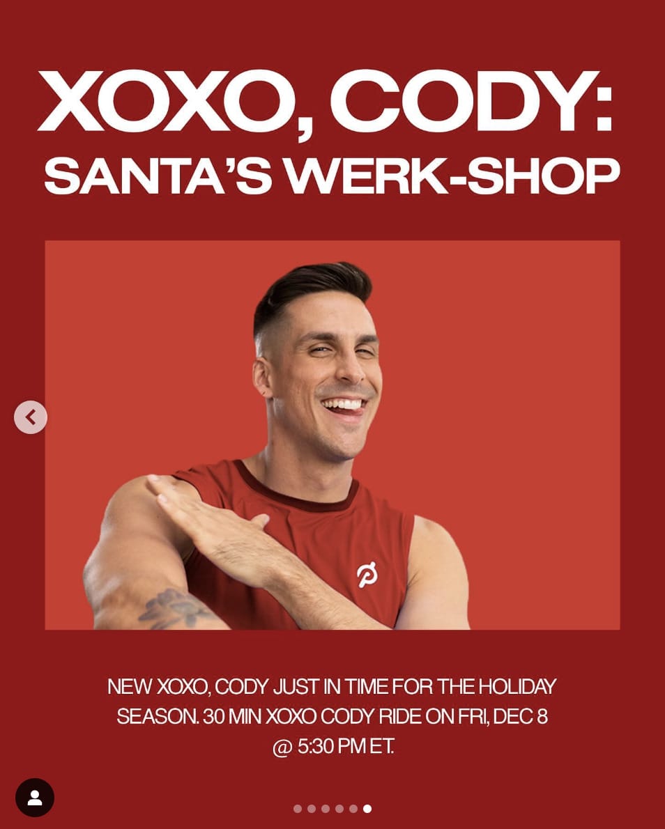 XOXO, Cody: Santa's Werk-Shop class. Image credit Peloton social media.