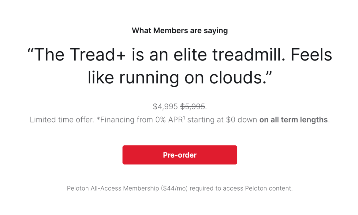 Tread+ on Peloton website with discounted price and 0% financing.