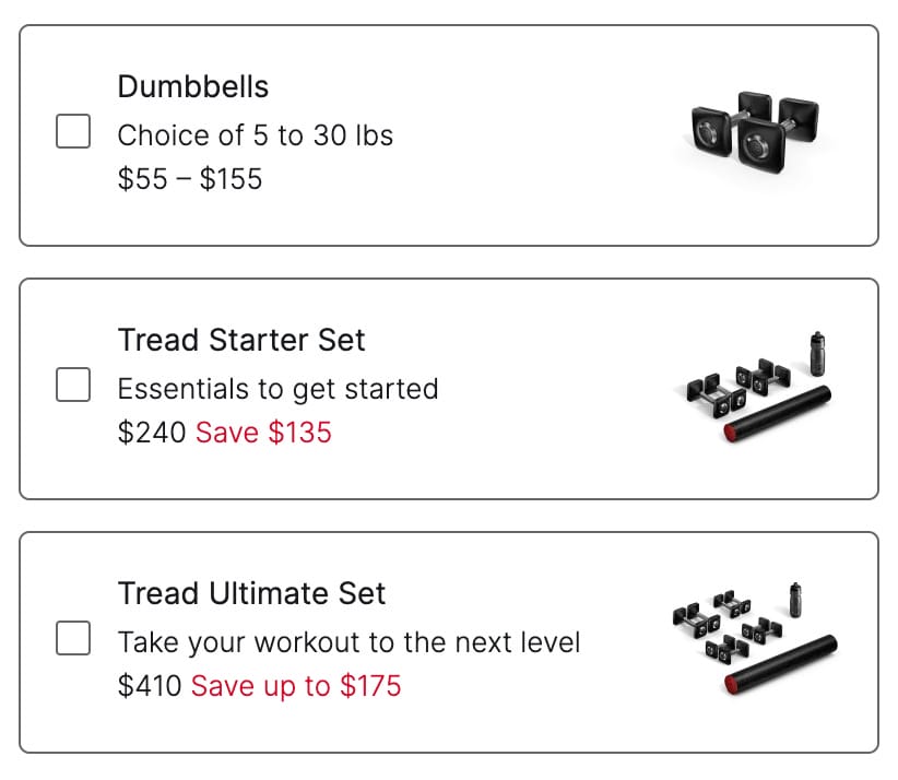 Discounted accessory prices for Peloton Tread+ on Peloton website.