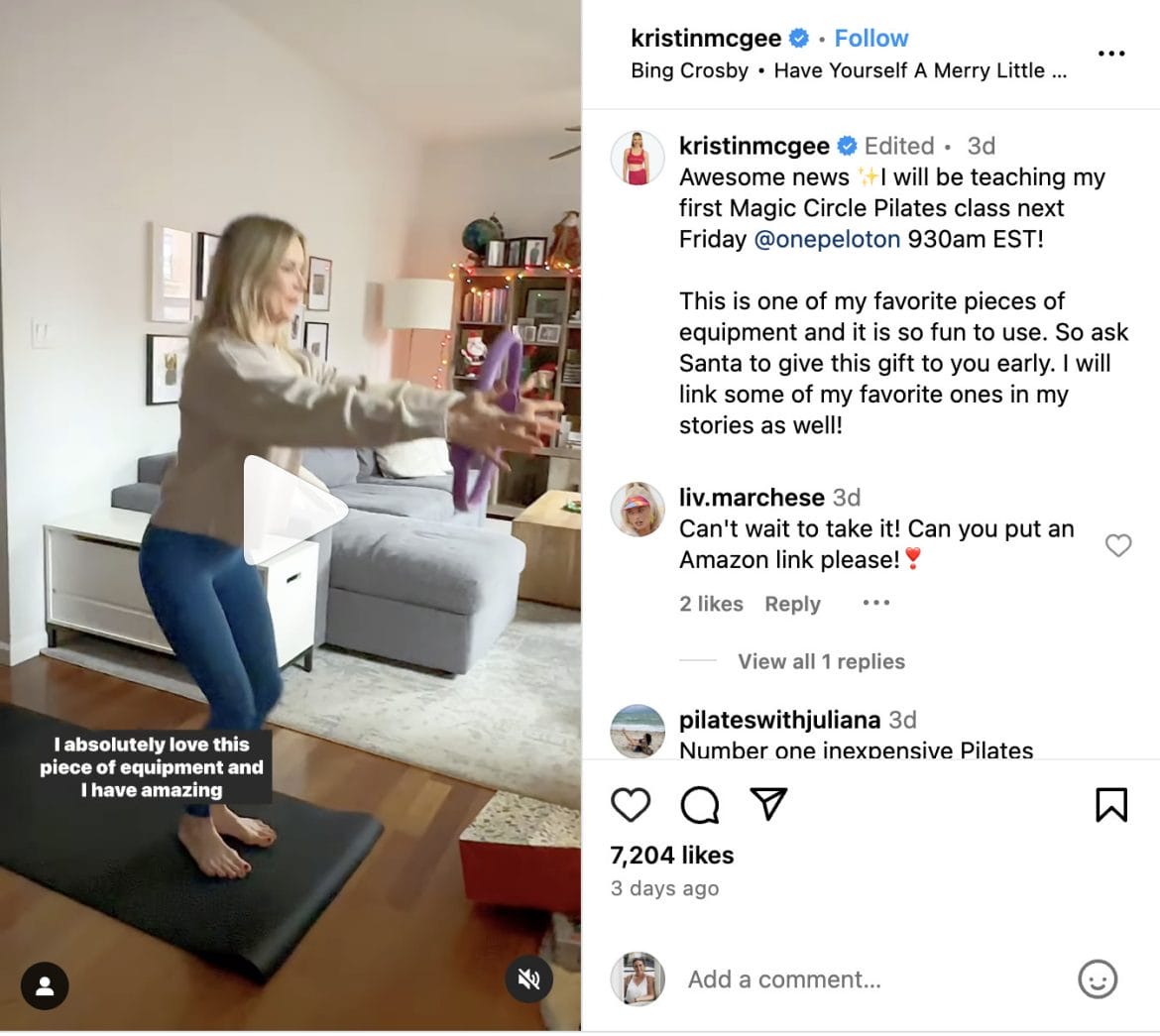 Kristin McGee's Instagram post about upcoming pilates class with a ring.
