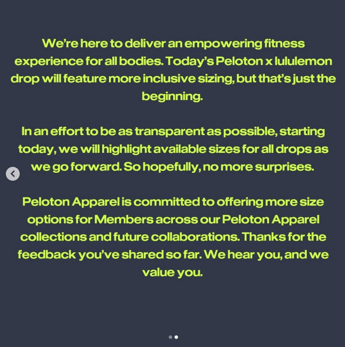 @PelotonApparel Instagram update regarding inclusive sizing. Image credit Peloton social media.