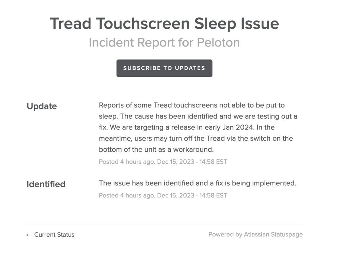 Peloton incident report for Tread touchscreen sleep issue.