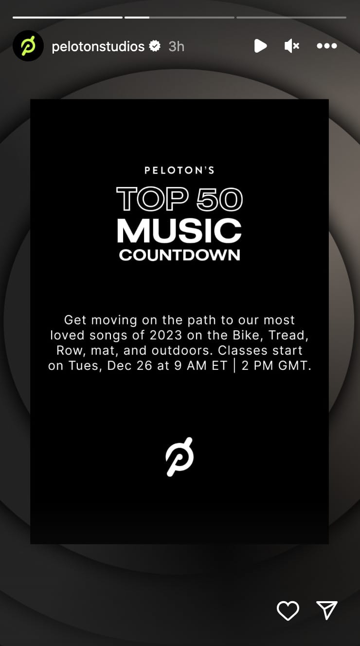 @PelotonStudios Instagram Story about Top 50 Countdown classes.