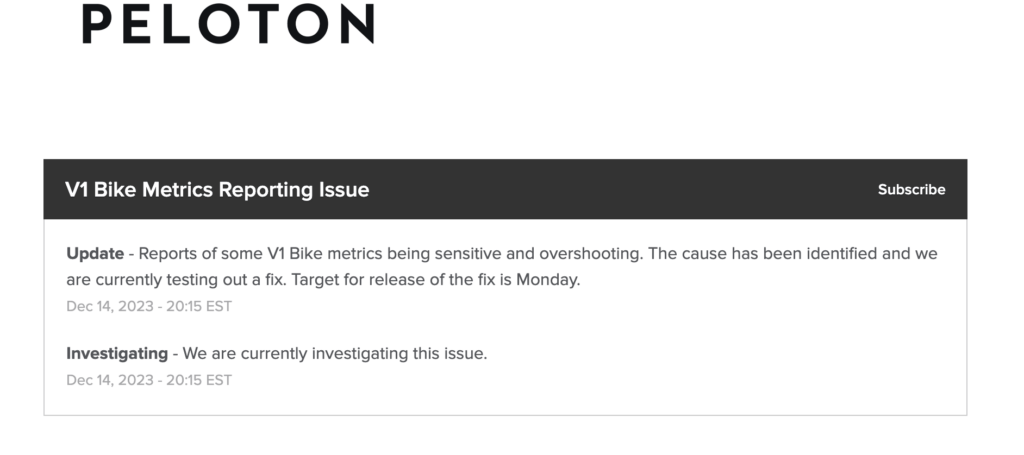 Peloton Bike Resistance issue on Peloton status page.
