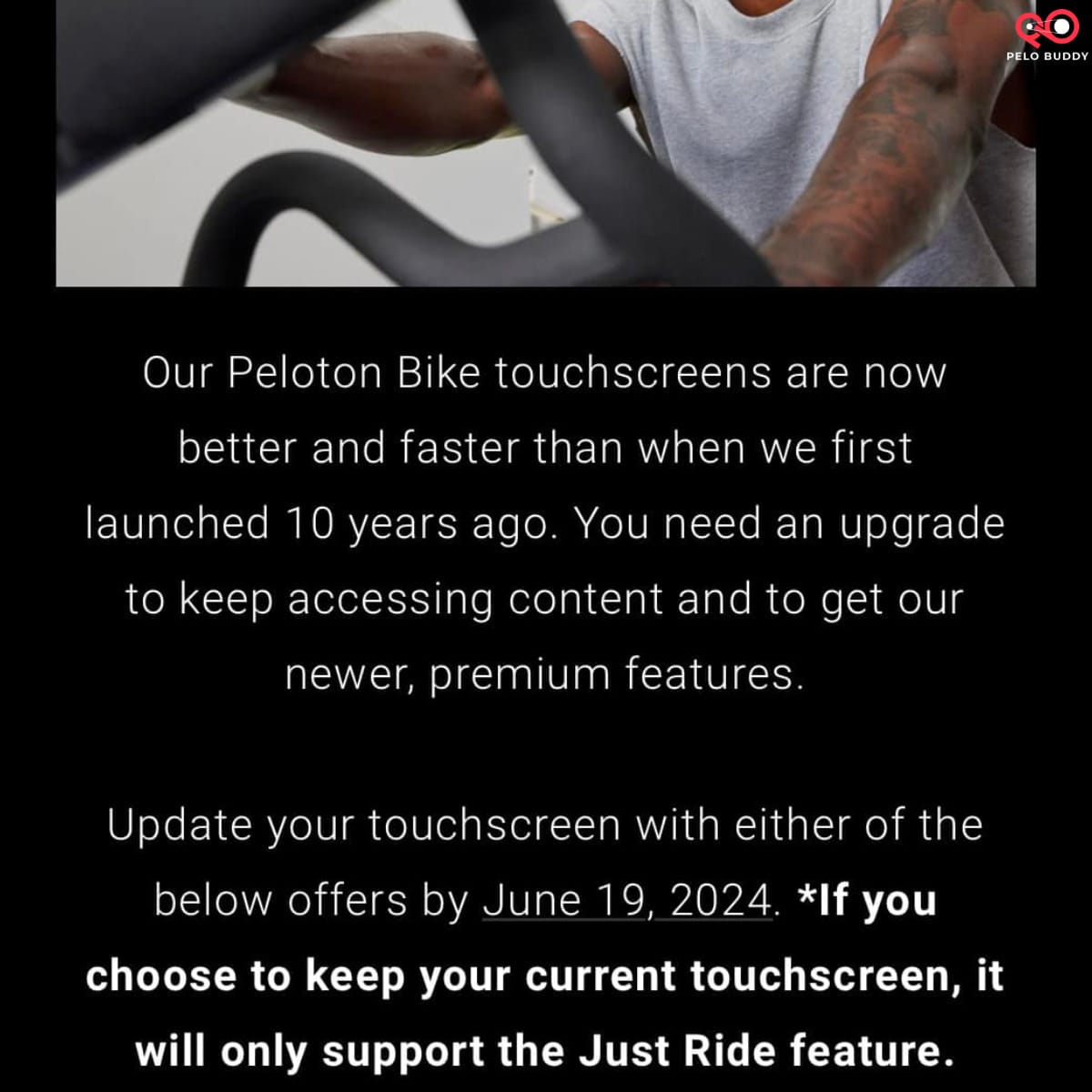 Email from Peloton about tablet support sending.
