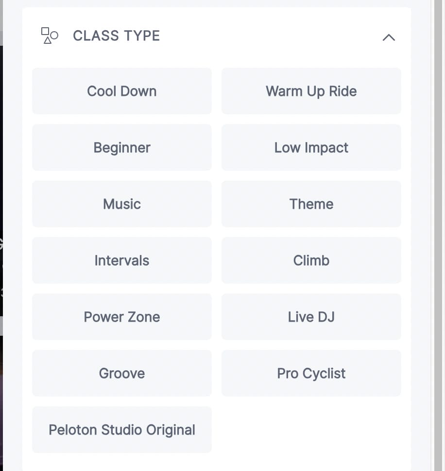 Warm Up and Cool Down filters separated within class type filter menu.