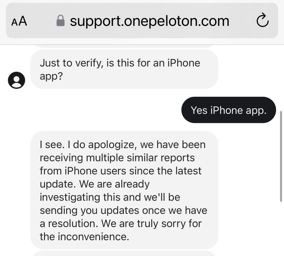 Member chat with Peloton Support regarding iOS app issue.