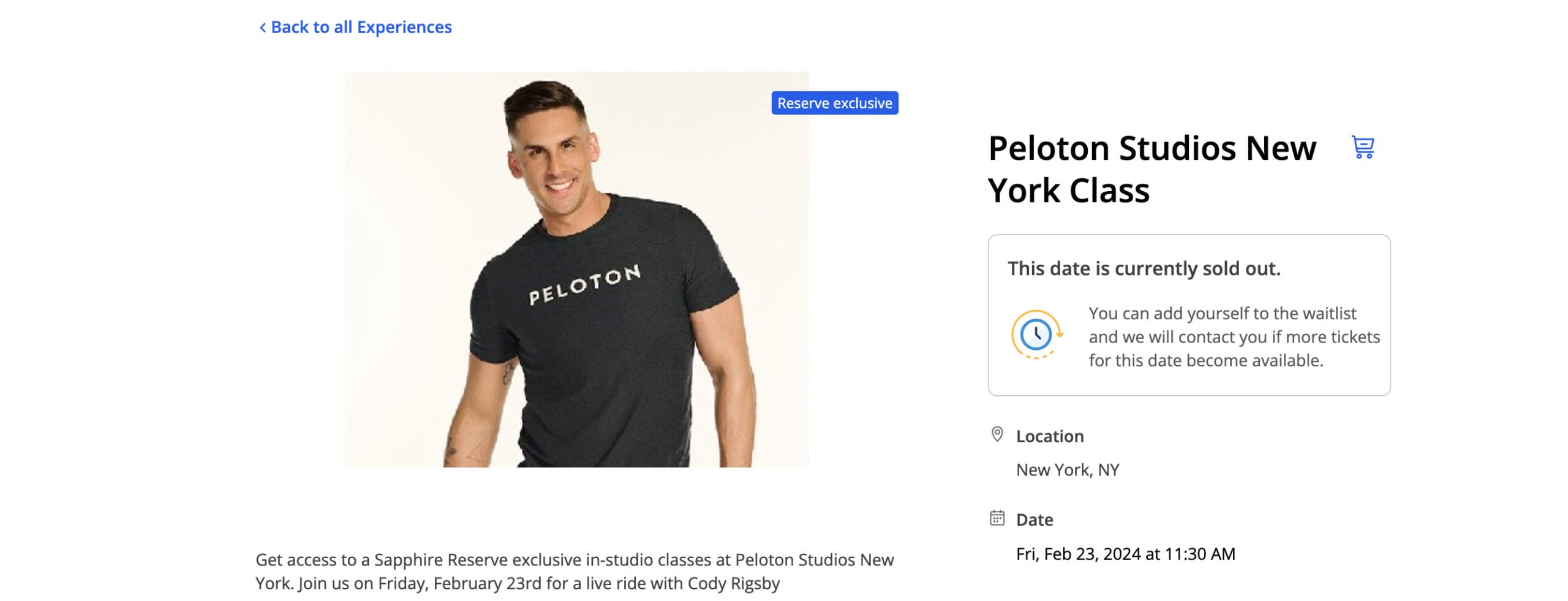 Chase members could sign up for a Cody Rigsby class at Peloton Studios New York.