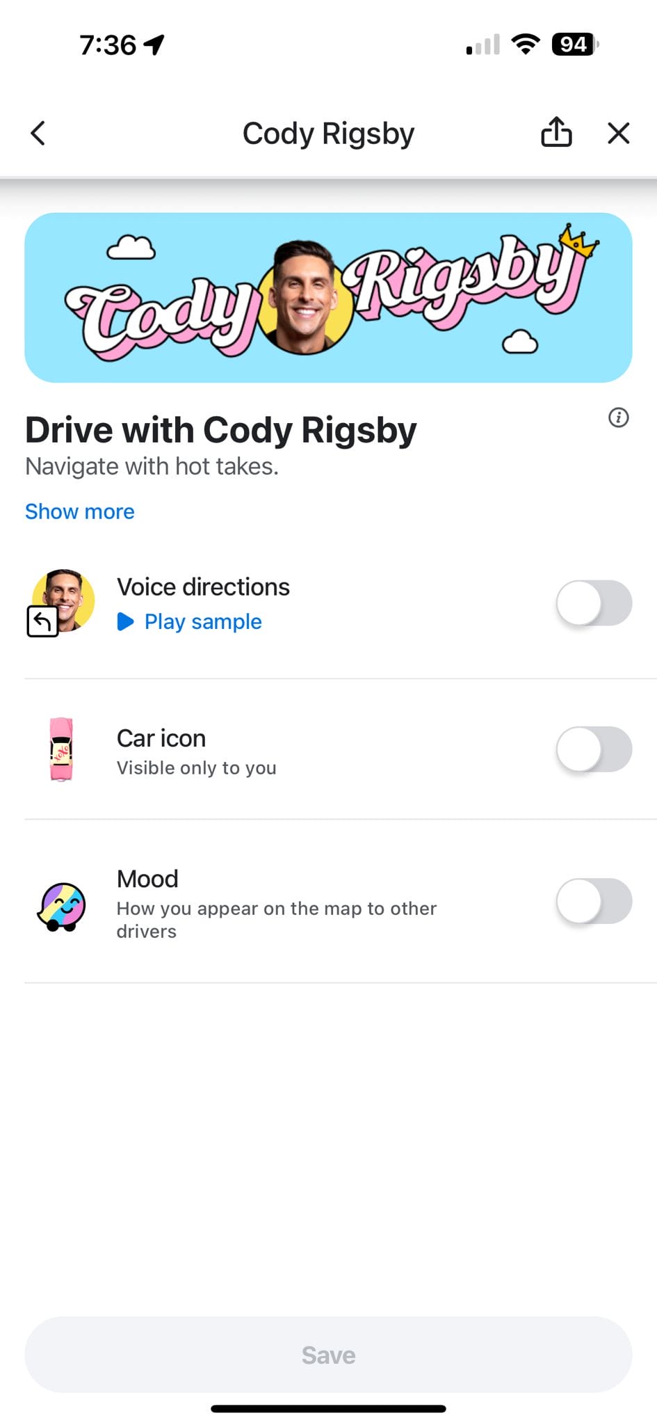 Waze app showing Cody Rigsby narration settings with a special car icon and mood.