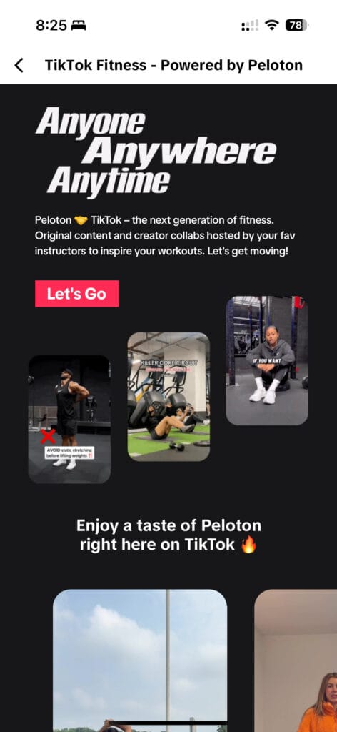New Peloton x TikTok fitness hub in the TikTok app.
