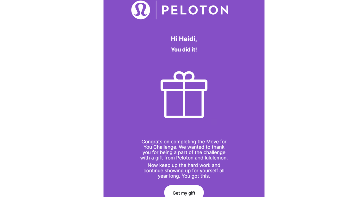 Peloton Move for You Challenge gift email notification.