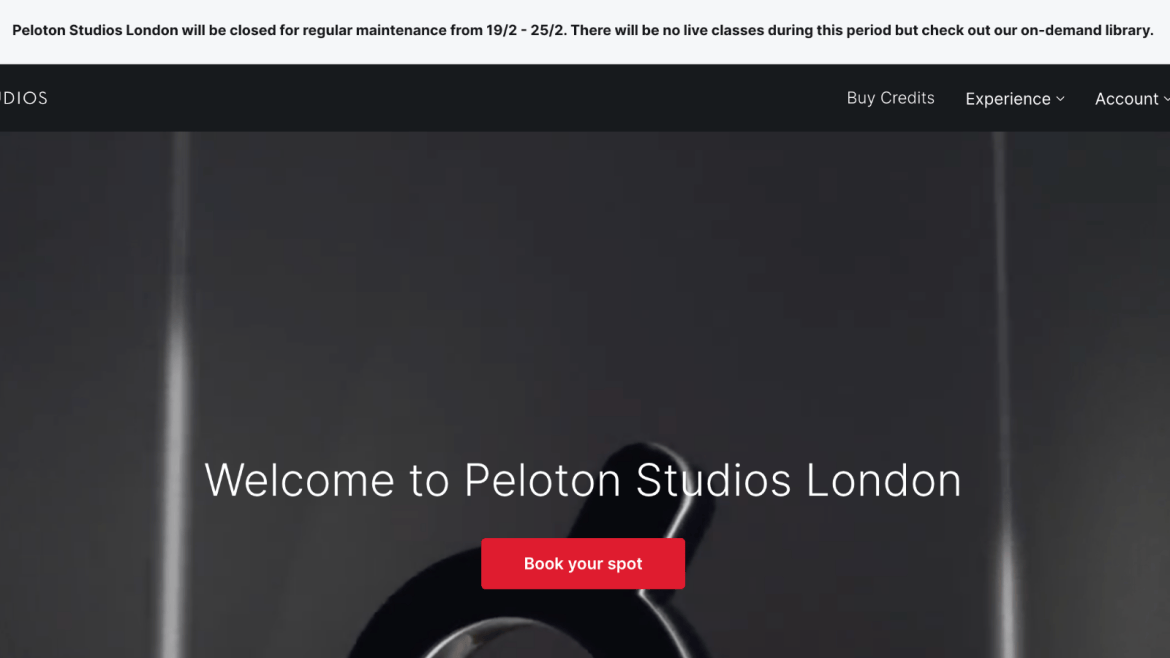 Peloton Studios London booking site with alert message about upcoming studio closure.