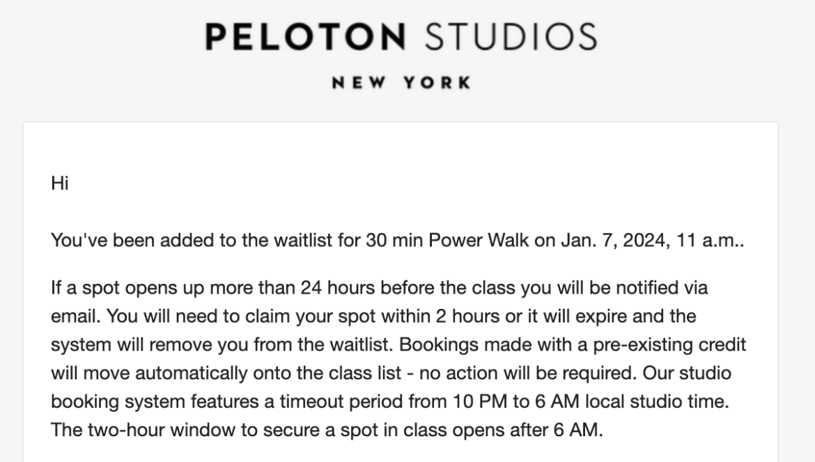 Peloton Studios New York (PSNY) waitlist email.