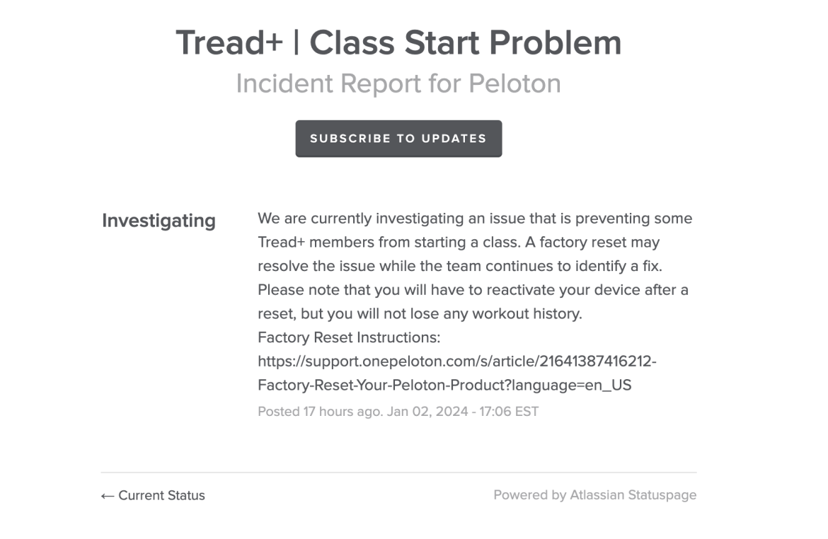 Peloton incident report regarding Tread+ bug in which members are unable to start classes.