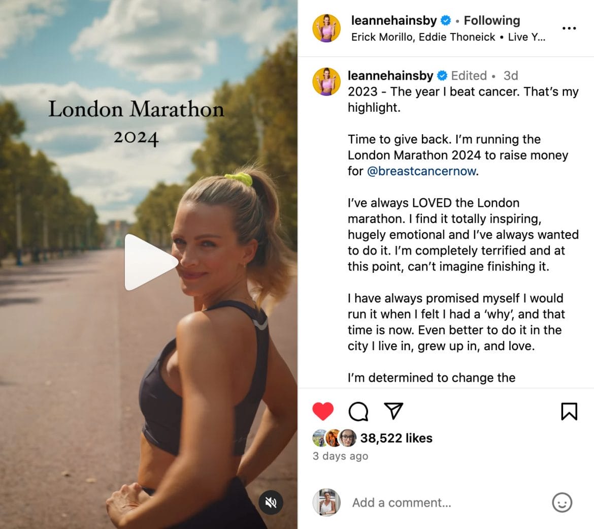 Leanne Hainsby's Instagram post regarding the 2024 London Marathon.