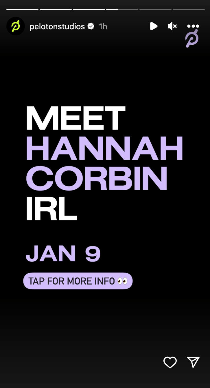 @PelotonStudios Instagram Story announcing meet & greet in Toronto with Hannah Corbin.