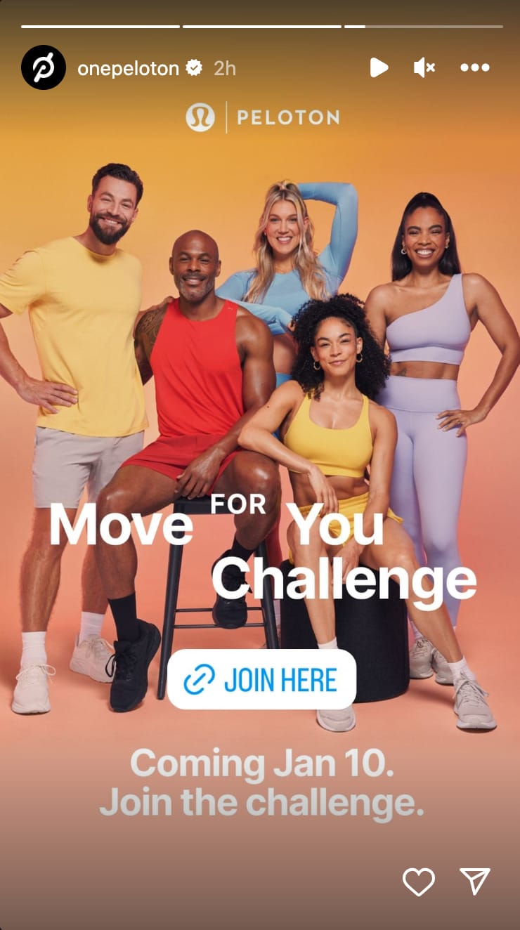 @OnePeloton Instagram Stories announcing Move for You challenge. Image credit Peloton social media.