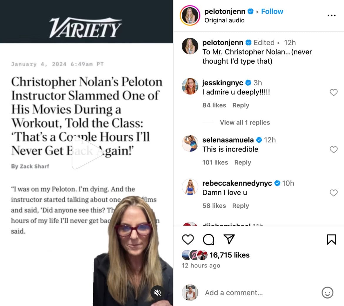 Jenn Sherman's response to Christopher Nolan posted on Instagram.