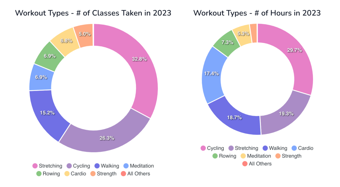 Domestiq Replay tool showing 2023 graphs - number of classes and hours by workout.