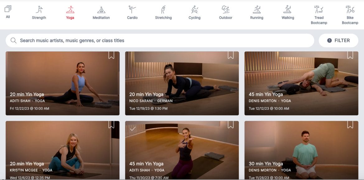 Yin Yoga filter applied in the Peloton on-demand library.