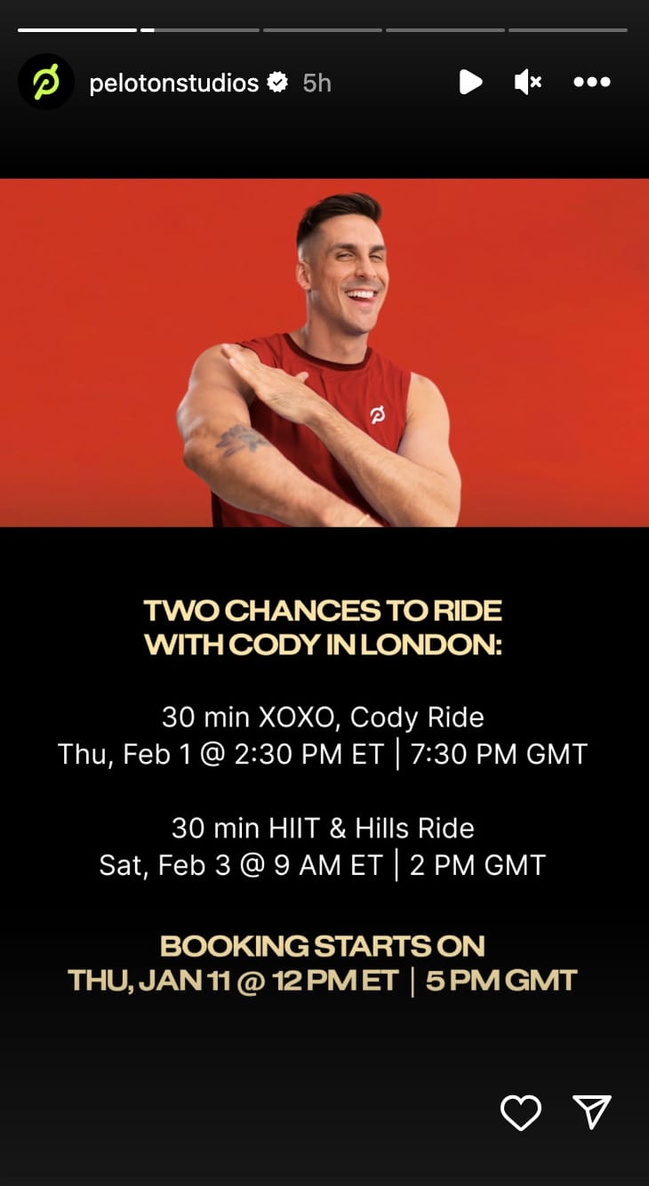 @PelotonStudios Instagram Story announcing Cody Rigsby classes from London.